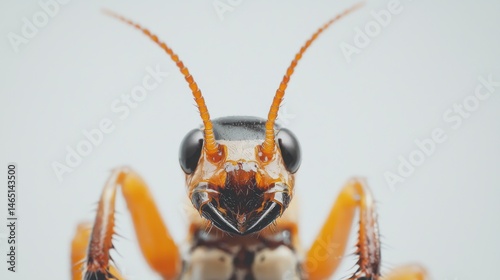 A close-up of an earwig with open pincers, isolated on a white background