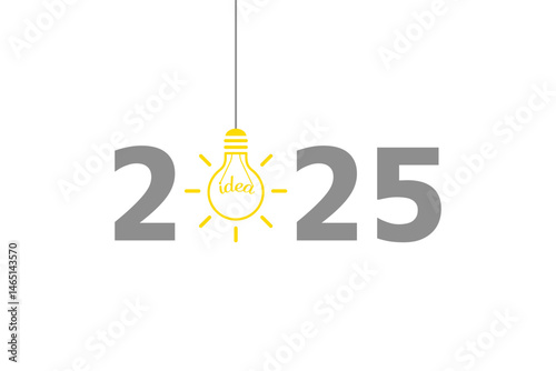 2025 design with hanging light bulb and idea text on transparent background