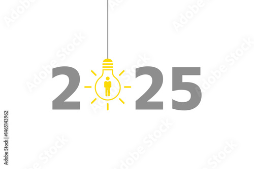 2025 design with human figure inside hanging light bulb on transparent background