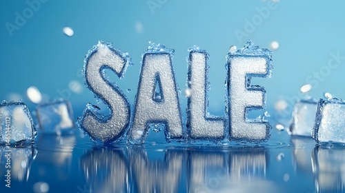 Floating ice cubes form frozen letters conveying the word sale in a serene blue setting