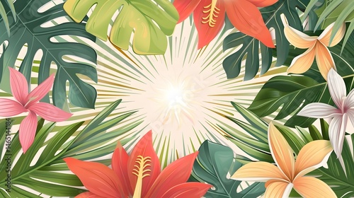 Vibrant tropical leaves and exotic flowers create a lush frame for light in a serene botanical setting