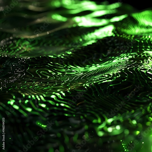 Abstract dark green liquid surface with intricate wave patterns and subtle glowing highlights. Represents fluid dynamics, mysterious textures, or nature.
