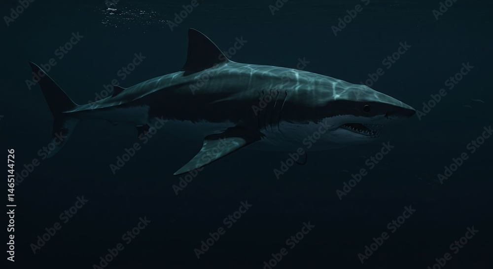 Obraz premium Great White Shark Swimming Underwater in Dark Ocean Depths Wildlife