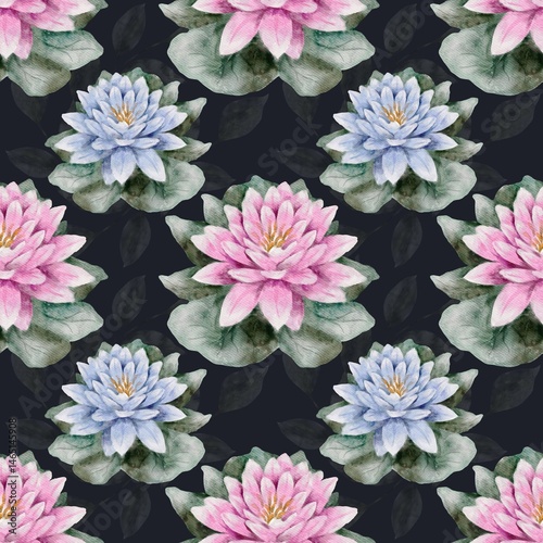Fotografie Seamless watercolor pattern featuring frogs, lilies, and dragonflies in a marshy