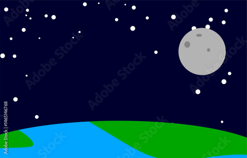 Moon and stars above Earth in clean vector style
