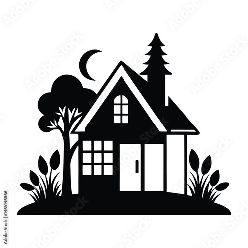 Cozy House Silhouette with Trees and Moon – Nature-Inspired Home Illustration Vector White Background 