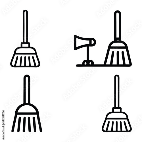 Broom Icon Set – Cleaning Tools and Symbols in Line Art Style Coloring page White Background 