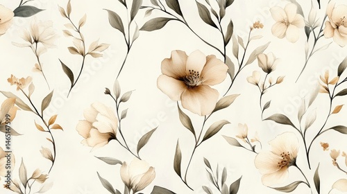 Elegant floral pattern featuring soft beige and cream flowers intertwined with delicate green leaves on a light background, ideal for textile design or home decor
