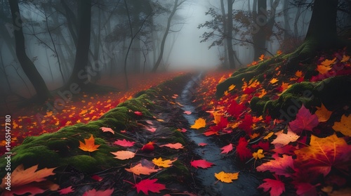 Dreamy Woodland Path in Fall with Soft Fog – Premium Stock Image for Scenic and Relaxing Themes photo