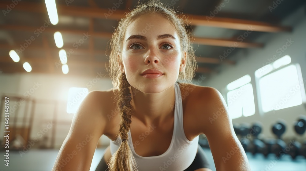 Fototapeta premium An engaging portrait of a determined young woman in a fitness environment, reflecting strength, dedication, and motivation in her workout routine, ideal for health themes.
