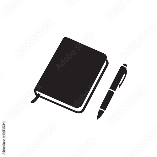 Black Notebook and Pen – Minimalist Office Supplies Vector Illustration