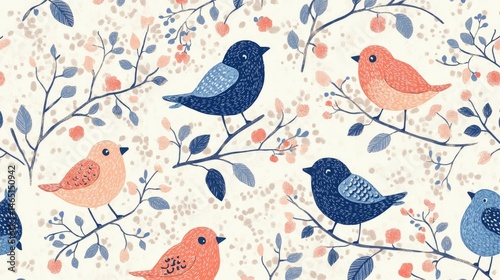 Colorful birds perched on branches amidst floral patterns, creating a whimsical nature scene