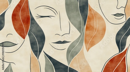 Abstract illustration featuring stylized female faces with flowing hair in warm tones on a textured background