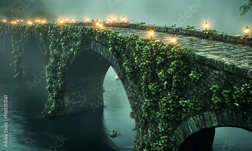 Misty stone bridge draped in ivy with lanterns.