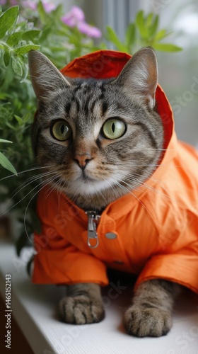 Cute tabby cat in bright orange raincoat with hood, looking directly at the camera outdoors.