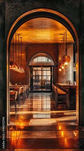 A view through an arched entrance into a restaurant with tables, chairs and a bar with dark and shining tile floor