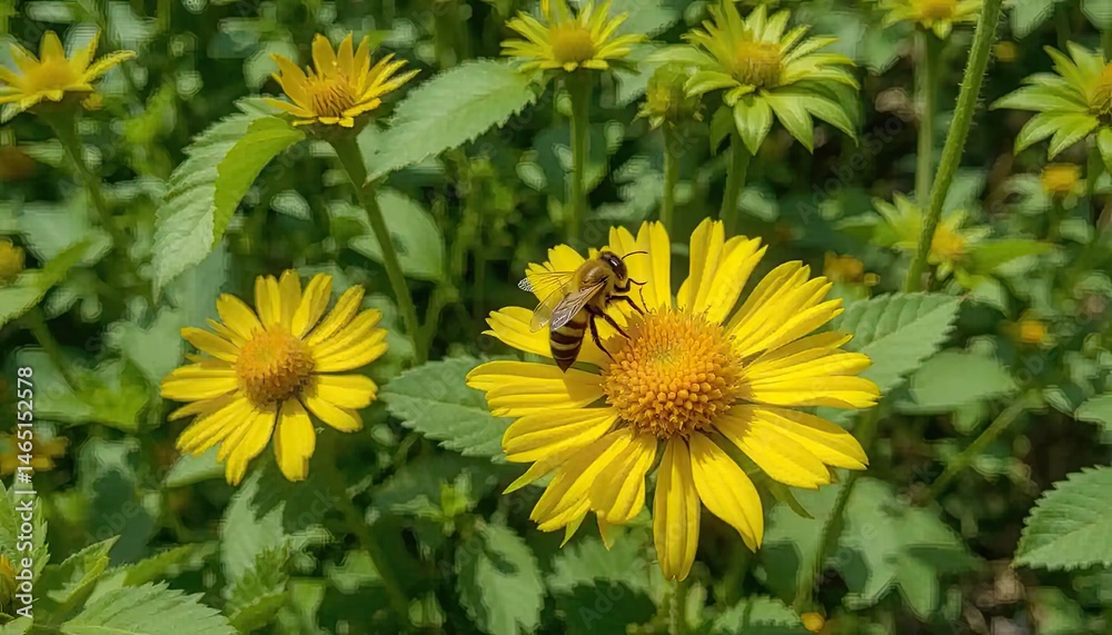 A Busy Bee on a Vibrant Yellow Flower in a Lush Garden A Busy Bee on a Vibrant Yellow Flower in a Lush Garden