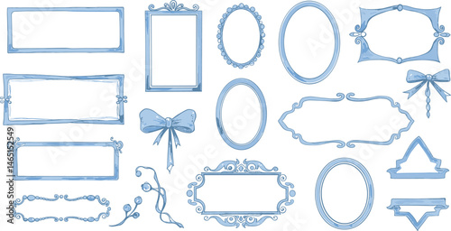 Blue frame set of watercolor bamboo stems, border for the design and decoration of banners