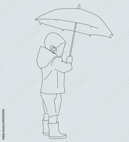 little boy with umbrella.Happy boy using umbrella and rain coat at rainy. Single line 