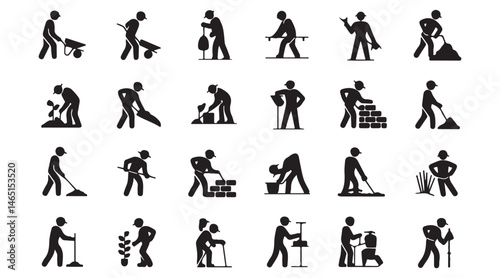 construction worker icons performing various tasks, ideal for construction, labor, and industry-related content.