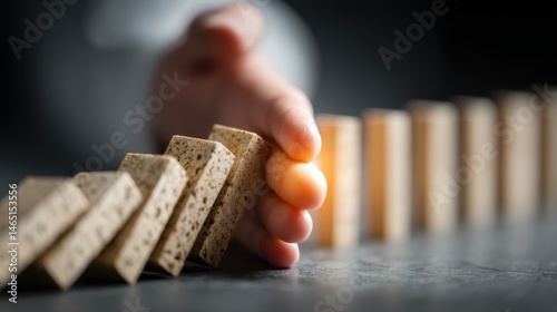 A hand stopping a domino effect, symbolizing control and prevention in business.