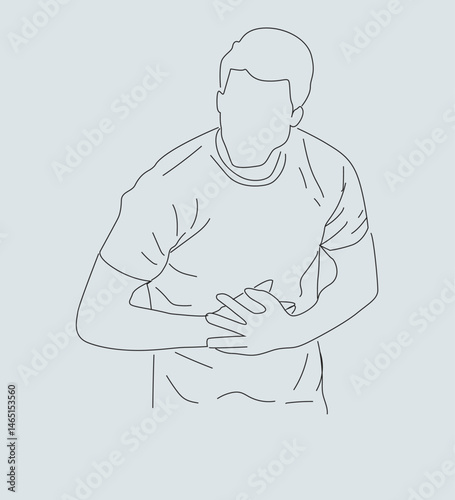 one line drawing of man with stomachache.Man with severe diarrhea and constipation. Young man has problems with his intestines, stomach.