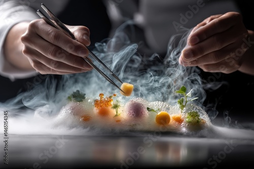 Chef meticulously creates a molecular gastronomy dish featuring foam, edible spheres, and swirling liquid nitrogen steam