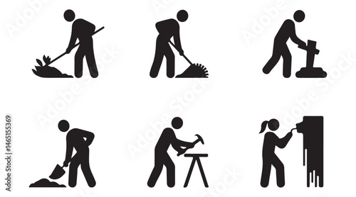 construction worker icons performing various tasks, ideal for construction, labor, and industry-related content.
