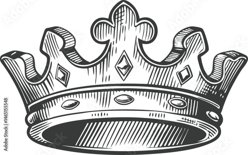 Medieval crown with royal detail in black and white line art style, outlined vintage illustration with elegant contours

