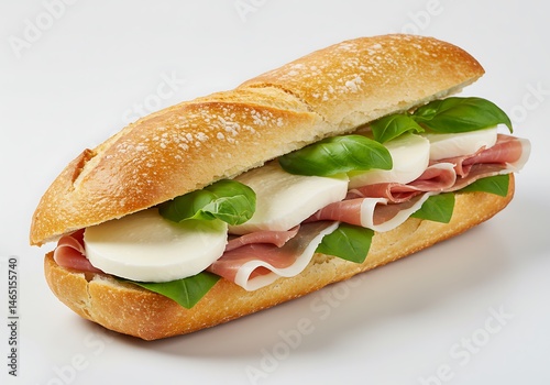 A baguette sandwich filled with mozzarella cheese prosciutto and fresh green basil leaves on white