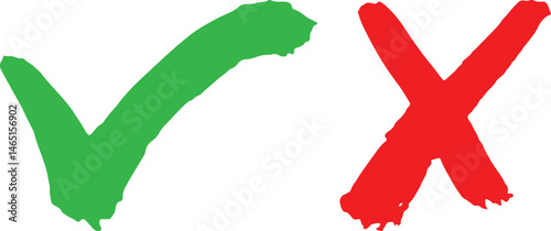 Hand drawn Green check mark Red cross, x mark icon set, right and wrong Vector sign Correct vote choice and rejection isolated symbol. Check mark Tick mark Concept of choice