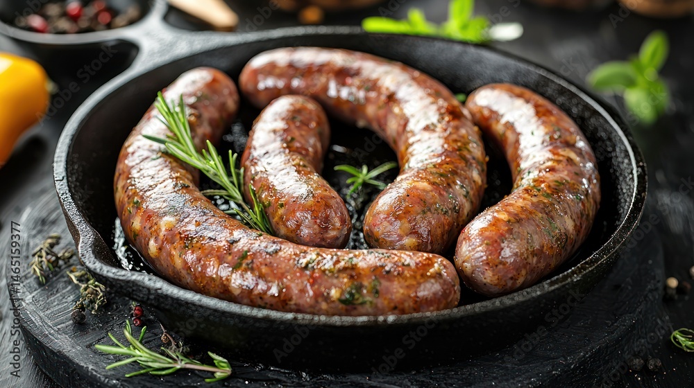 Fototapeta premium Raw bratwurst sausages in a cast iron pan