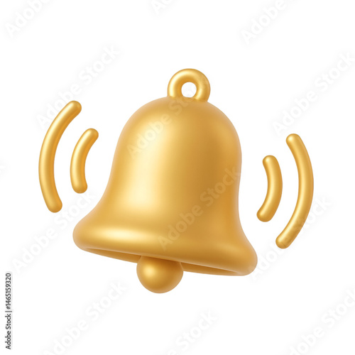 3D Rendered Gold Notification Bell with Sound Waves