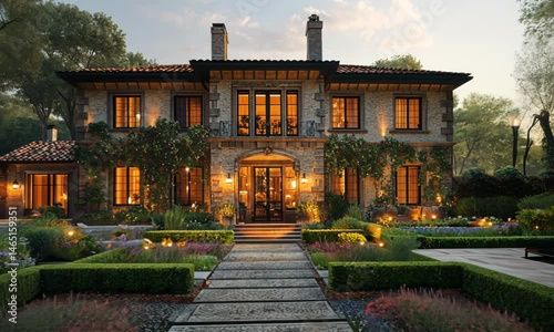 Luxurious Italian villa with meticulously landscaped gardens.