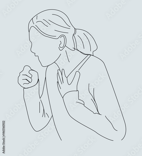 line drawing unhealthy Sickness, asian young woman, girl unwell and coughing, 