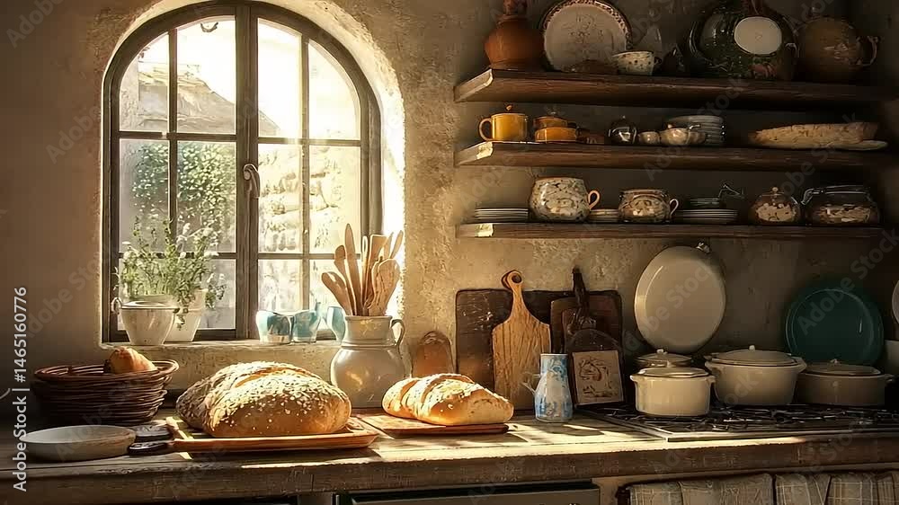 Artisanal bread basking in morning light in a rustic kitchen ambience background