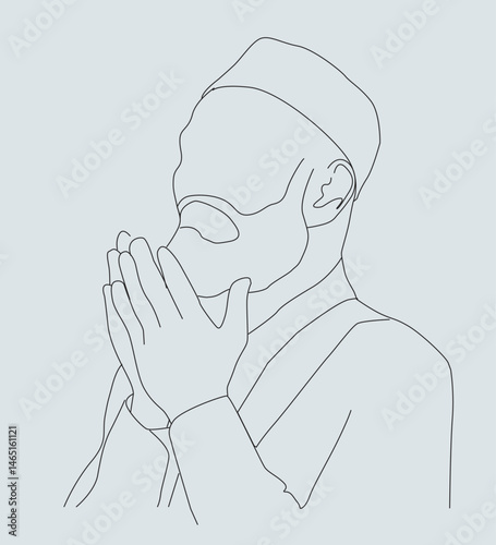 Muslim People Praying.Line art drawing of a Muslim man praying.