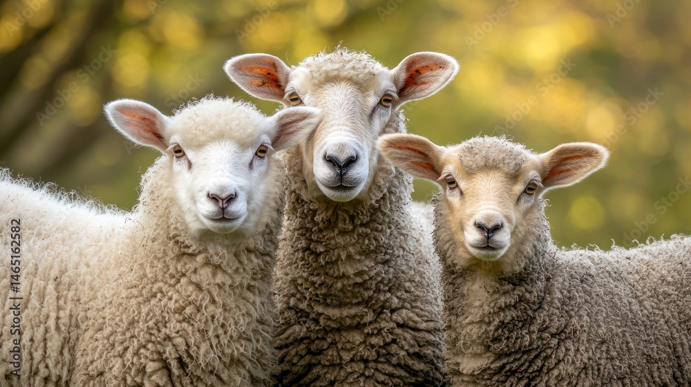 Fototapeta premium A family of three sheep (young, middle-aged, and old), standing together in harmony.