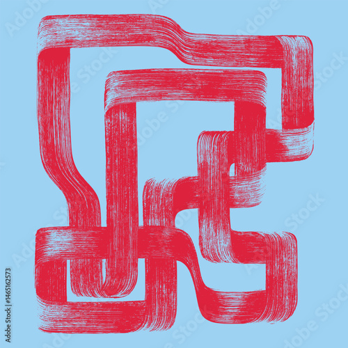 Vector red sketchy bold horizontal and vertical lines. Paint bold brush strokes straight, wide, broken closed line. Hand drawn thick grunge self-intersecting line. Art background.