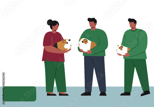 Diverse adopters lovingly hold guinea pigs, showcasing pet adoption. A warm, inviting scene with a modern aesthetic. Ideal for animal welfare campaigns.