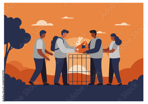 Diverse volunteers hand over a rabbit to shelter pets. A heartwarming scene of community support and animal welfare. Bright, optimistic illustration.
