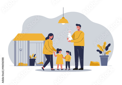 A joyful family adopts a fluffy bunny! Warm colors and a happy family create a heartwarming adoption moment. Ideal for family, pet, and adoption themes.