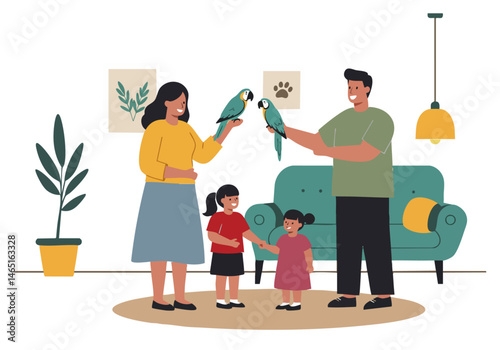 A joyful family celebrates a pet adoption moment with a colorful macaw. Warm colors, soft lighting, and a cozy interior create a heartwarming scene. Ideal for family, pet, and adoption-themed visuals.
