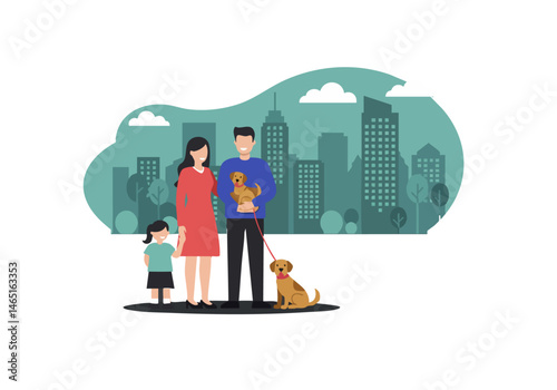A joyful family celebrates a pet adoption moment in a vibrant city backdrop. A mother, father, daughter, and dog share a heartwarming connection. Modern, bright, and optimistic.