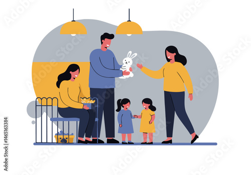 A joyful family welcomes a rabbit into their home. Warm colors and a loving atmosphere capture a heartwarming pet adoption moment. Ideal for family, pet, and adoption themes.