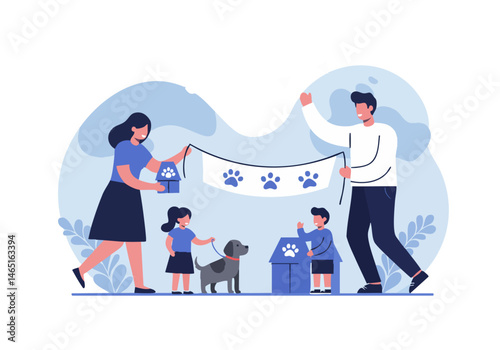 A joyful family celebrates a pet adoption with decorations and gifts. Warm colors and a happy atmosphere create a heartwarming scene. Ideal for family, pets, and adoption themes.