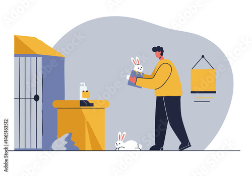 A man adopts a rescue rabbit, showcasing compassion and care. Warm colors and a simple setting create a heartwarming visual. Ideal for pet adoption campaigns.