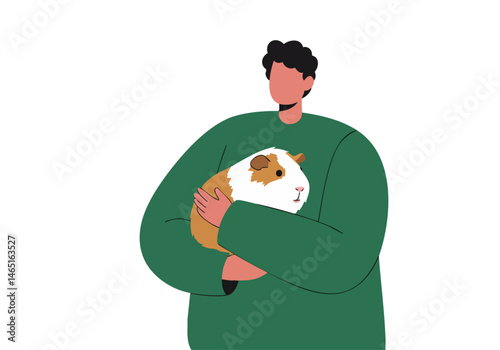 A man lovingly cradles a guinea pig, showcasing the joy of adopting a rescue pet. Warm colors and a simple, modern illustration style create a welcoming image.