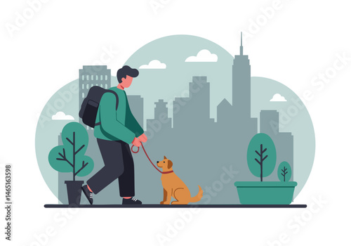 A man walks a rescue dog through a city landscape.  Illustrative style, modern, heartwarming scene. Perfect for pet adoption campaigns.