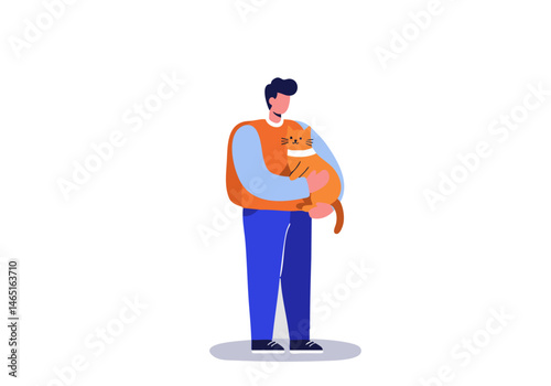 A man lovingly cradles a rescue cat, symbolizing compassion and adoption. Clean, modern illustration with a soft color palette. Perfect for campaigns promoting animal rescue.